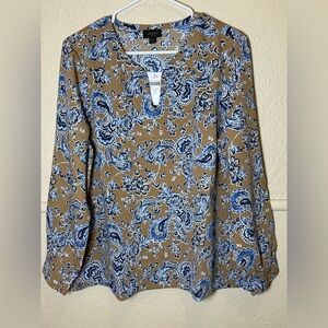 J.Jill Wearever Collection Tan and Blue Paisley Blouse Split Neck Large Petite